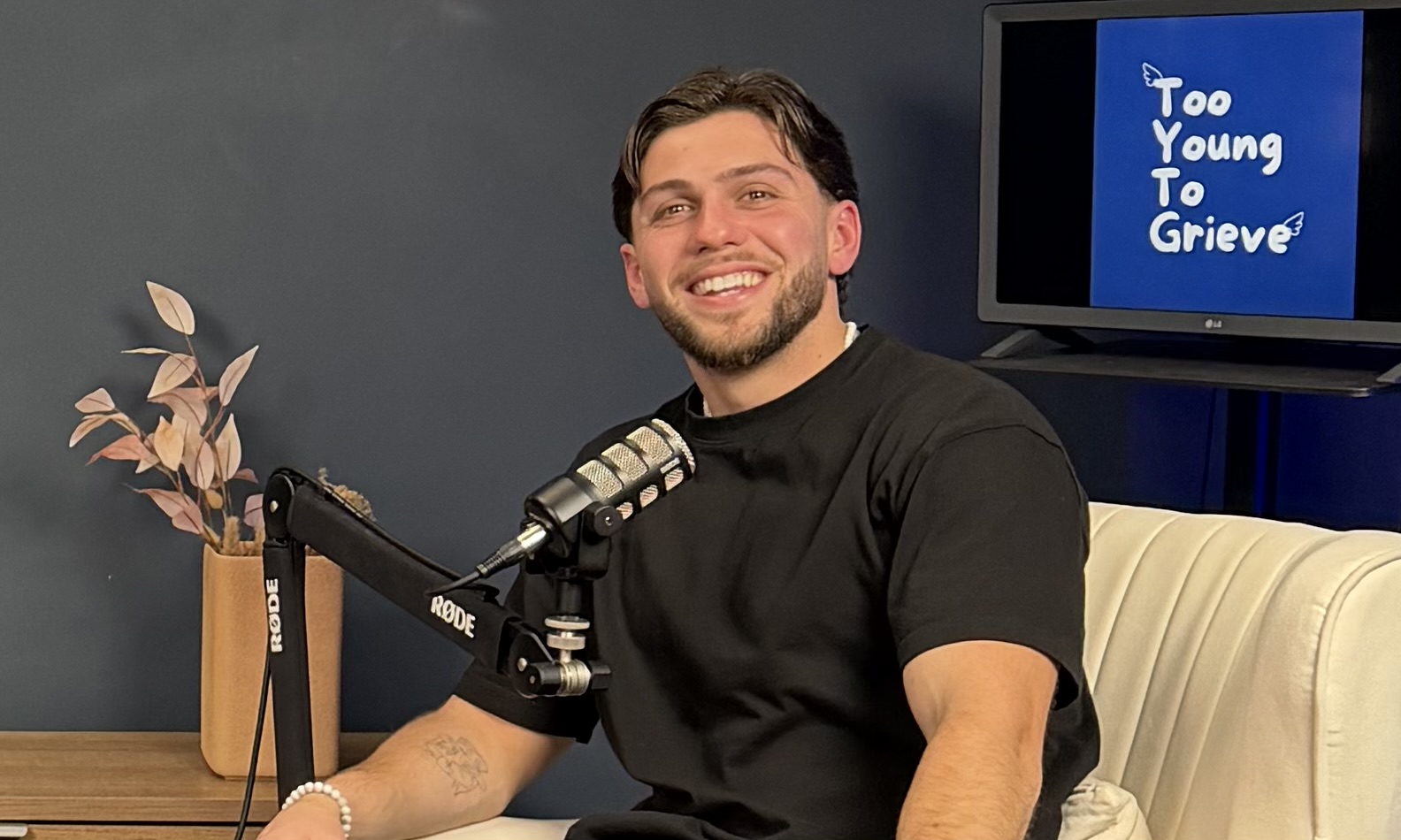 Luke Alfano recording the Too Young To Grieve grief podcast in the studio