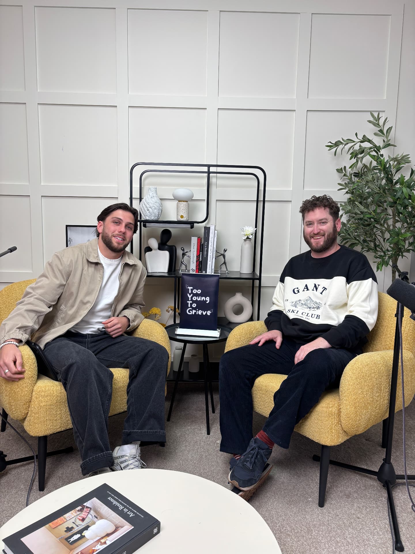 Two men recording an episode of the Too Young To Grieve podcast